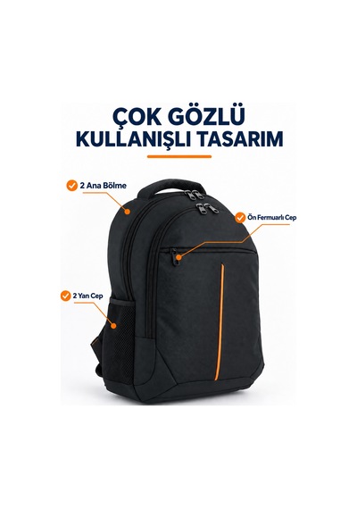 3 Bölmeli Okul Sırt Çantası Laptop Bölmeli Siyah-turuncu 2121