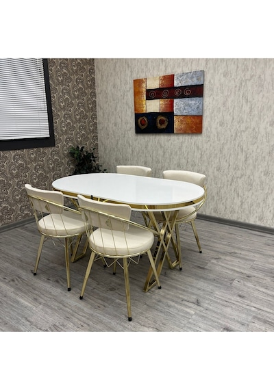 Selenit Mutfak Yemek Masası Takımı- 4 Kişilik Mutfak Masa Sandalye Takımı- Mutfak Masası Takımı Düz Beyaz Gold Selenit Mutfak Yemek Masası Takımı- 4 Kişilik Mutfak Masa Sandalye Takımı- Mutfak Masası Takımı Düz Beyaz Gold