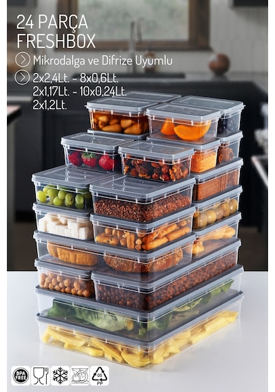 24'lü Set Freshbox Mikrodalga Ve Difrize Uygun Saklama Kabı Gri