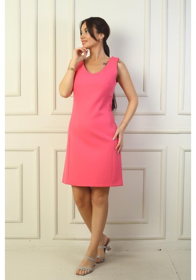 By Saygı V Yaka Klasik Kısa Krep Elbise-39823 Pembe
