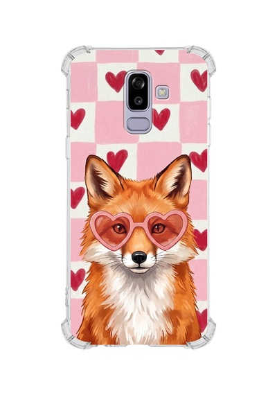 Printify Samsung Galaxy A6 Plus 2018 İle Uyumlu Pembe Pötikare Serisi Tatlı Kurnaz Tasarımlı Uv Baskılı Köşe Korumalı Antişok Kılıf Şeffaf