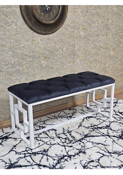 Beyaz Boyalı İçi Kareli Diktörtgen 100 Cm X 40 Cm Oturak Puf - Be Çok Renkli