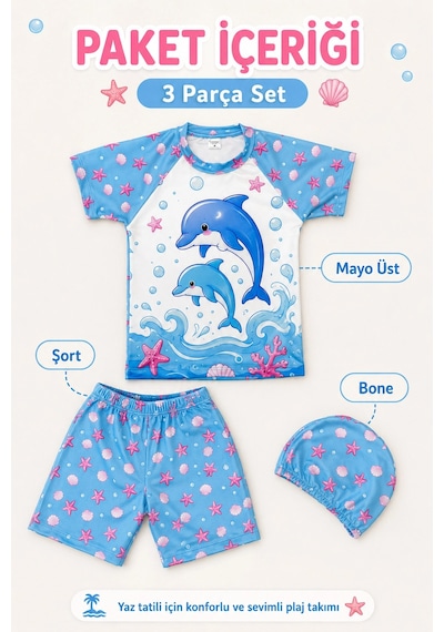Rony Pony Kids Kız Çocuk Yunus Desenli 3 Lü Plaj Takımı Şortlu Mayo Seti Bone Dahil Mavi Beyaz