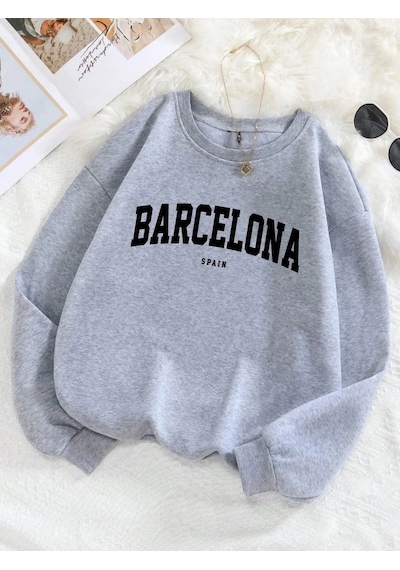 Startmore Tarzsokak Barcelona España Mektup Baskı Kadın Kazak Polar Rahat Kazak O-boyun Sonbahar Streetweet Gevşe Gri
