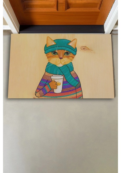Valerine Life Kedilatte Parke Desenli Krem Rengi Welcome Hoş Geldiniz Kapı Önü Paspası 45x70cm Kahverengi