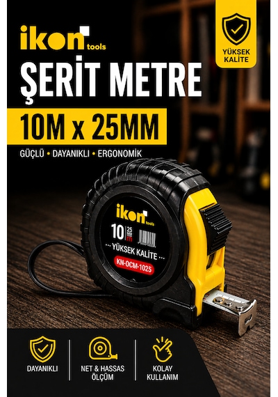 Şerit Metre 10m X 25mm Profesyonel Ölçü Metresi Dayanıklı Gövde Kilitli Mekanizma Hassas Ölçüm 10 M