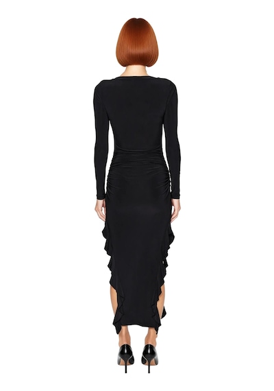 Ersefa Kadın Uzun Kollu Kayık Yaka Eteği Fırfırlı Bodycon Maxi Elbise Mo Siyah