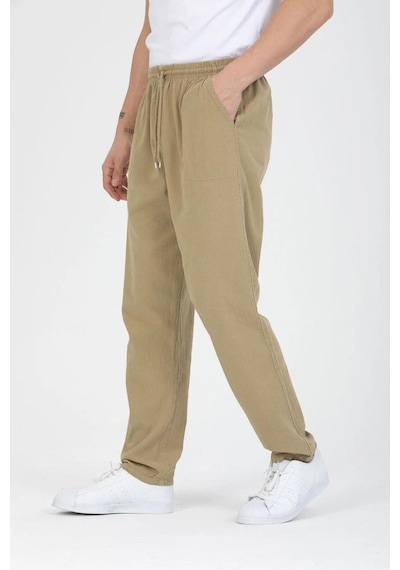 Baw Company Unisex Ince Yazlık Beli Lastikli Kordonlu Keten %100 Pamuklu Kumaş Pantolon Pijama Bej