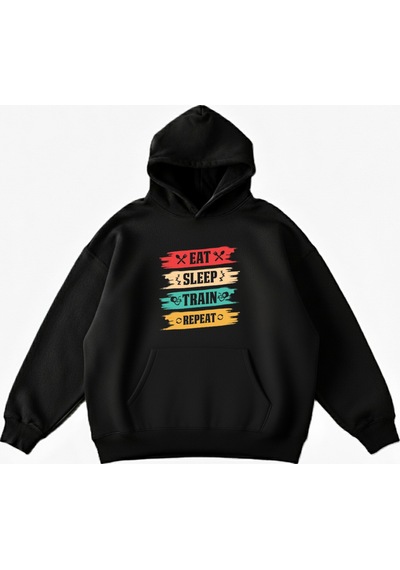 Maki Home Makiteks Siyah Pamuklu Unisex Cepli Kapüşonlu Rahat Kesim Eat Sleep Train Repeat Baskılı Sweatshirt SiYAH