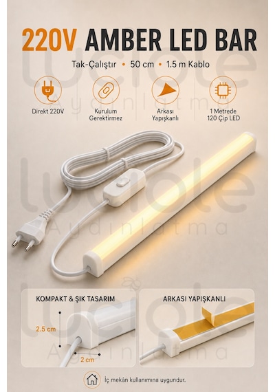 220v Amber Led Bar 50 Cm Fişli Anahtarlı Yapışkanlı Tezgah Altı Dolap İçi Aydınlatma
