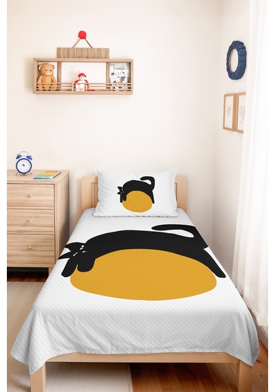 Minimal Kedi Sarı Genç Odası Tek Kişilik Pike Takımı-siyah Modern 160x220cm Kapitone Yatak Örtüsü Kabuğu Kahve Dokunuşu