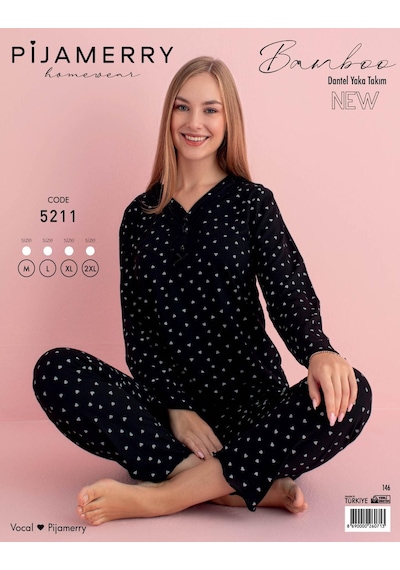 Pijamerry Kadın Bambu Baharlık Dantel Yaka Uzun Kol İnce Pijama Takımı 5211s - 1 Adet Siyah Pijamerry Kadın Bambu Baharlık Dantel Yaka Uzun Kol İnce Pijama Takımı 5211s - 1 Adet Siyah