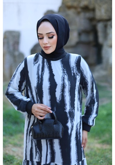 Harman Butik Kadın Astarlı Şifon Desenli Elbise Gri Gri