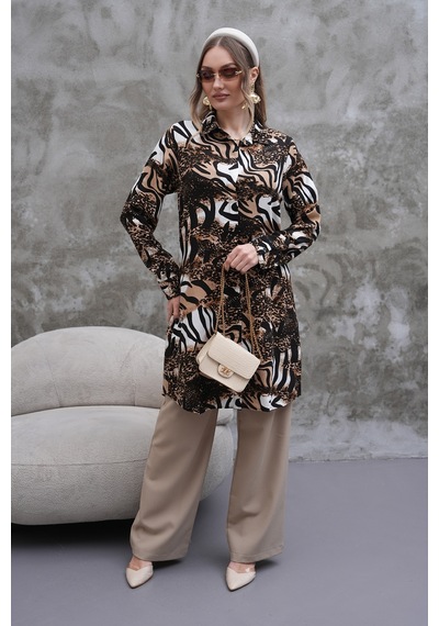 Polologin Butik Leopar Desenli Gömlek Tunik Kahverengi & Siyah & Beyaz Polologin Butik Leopar Desenli Gömlek Tunik Kahverengi & Siyah & Beyaz