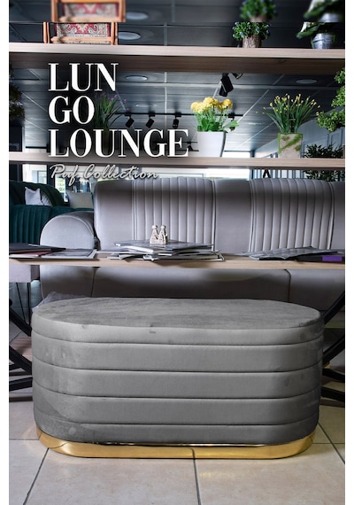 Lungo Long Line Gri Puf- 90cm Gold Kaplama Kapitoneli Luxery Pofuduk Oturma Pufu&Makyaj Puff&Bench