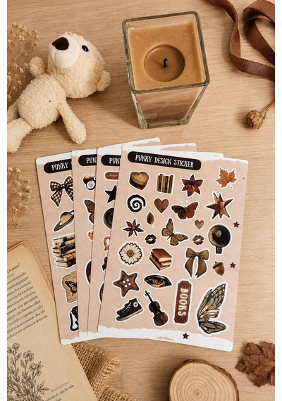 Kahverengi Sticker Seti Vintage Ayıcık Kitap Kahve Çiçek Estetik Etiket-4 Sayfa-90 Adet-kalın Kuşe K