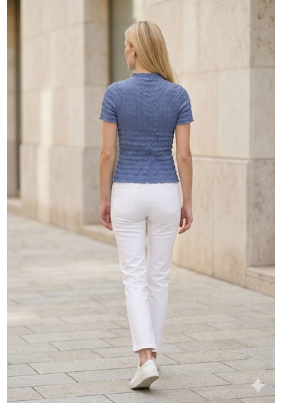Kadın Mavi Büzgülü Dokulu Bluz Slim Fit Kısa Kol Yüksek Yaka Esnek Modern Şık Üst Bluz