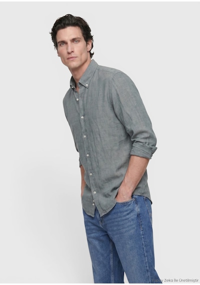 Ramsey Koyu Yeşil Düz Casual Fit Uzun Dokuma Casual %100 Keten Gömlek