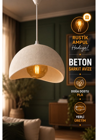 Beton Görünümlü Tekli Sarkıt Avize Modern Bohem Rustik Salon Mutfak G95 Led Ampul Hediyeli Beyaz