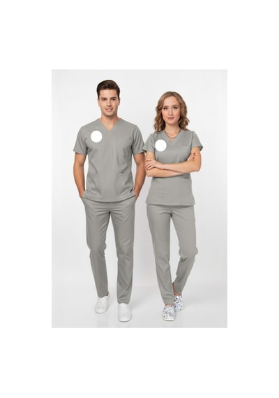 Unisex Gri Yeni Yönetmeliğe Uygun Armalı Teknik Hizmetler Scrubs Üniforma Takımı Neutral Gray Gri Gri