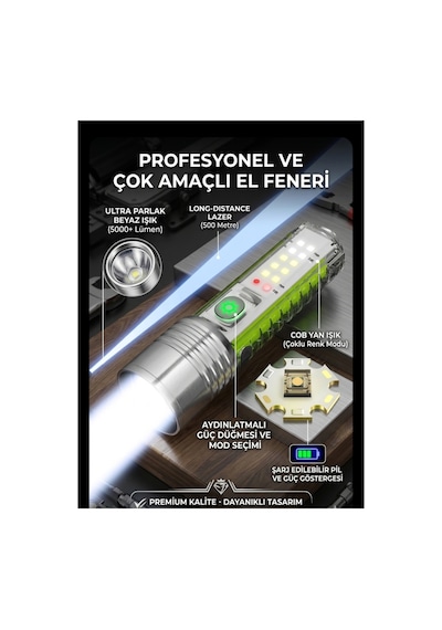 Çok Fonksiyonlu Polis Bekçi Kamp Dağcı Profesyonel El Feneri Şarjlı Metal El Feneri Gri