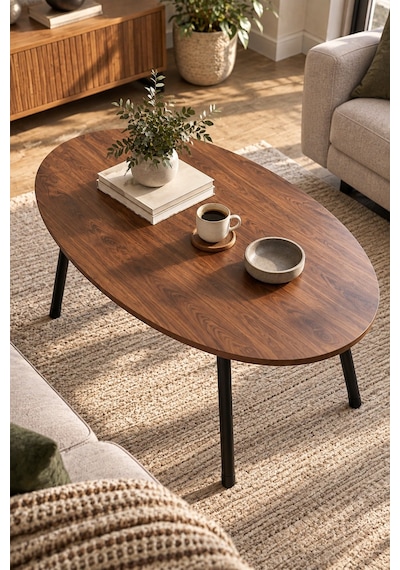 Sulorahome Ceviz Desenli Metal Ayaklı Oval Orta Sehpa