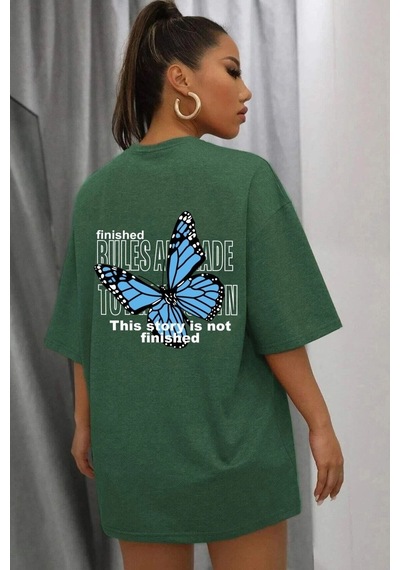 Unisex Kelebek Baskılı Tasarım Tshirt Yeşil