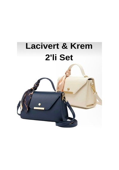 Arvelia Lacivert,krem 2 Li Paket Suni Deri Fular Detaylı El Ve Omuz Çantası Ekru Ekru