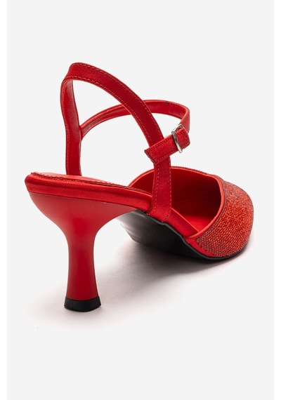 Luvishoes Nıvora Kırmızı Saten Taşlı Kadın İnce Topuklu Abiye Ayakkabı