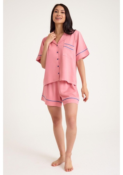 Amarelle Dream Mavi/pembe Kısa Kollu Şortlu Önden Düğmeli 4 Parça Pijama Takım Set Mavi/pembe