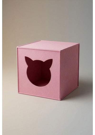 Pembe Keçe Kedi Yuvası Dekoratif Mama Kabı Altlığı Hediyeli Organizer Düzenleyici Katlanabilir