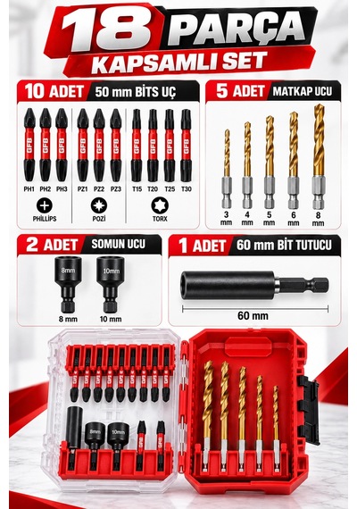 Gfb X-pro 18 Parça Bits & Matkap Ucu Seti 50 Mm Vidalama Uçları, 3-8 Mm Matkap Uçları, Somun Uçlar