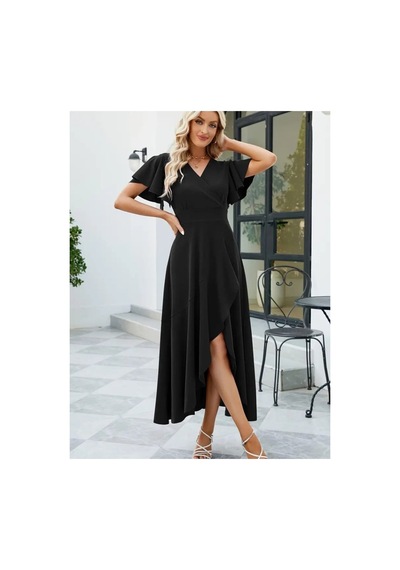 Butik İstanbul Kadın Kısa Kollu Kruvaze Yakalı Önden Volanlı Çapraz Kesim Detaylı Maksi Boy Ithal Krep Elbise Siyah Butik İstanbul Kadın Kısa Kollu Kruvaze Yakalı Önden Volanlı Çapraz Kesim Detaylı Maksi Boy Ithal Krep Elbise Siyah
