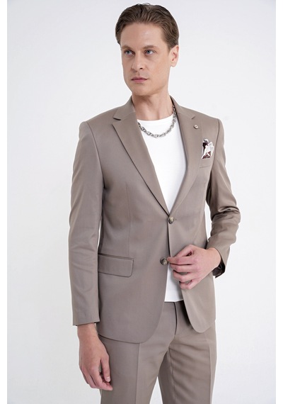 Efor Slim Fit Mono Yaka %97 Tencel Kumaş Çift Yırtmaç Esnek Bej Takım Elbise Tk 941