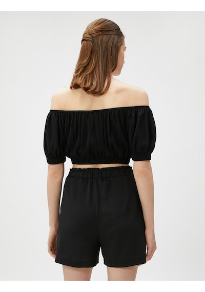Koton Crop Bluz Omzu Açık Lastikli Siyah 3sak60010pw Siyah