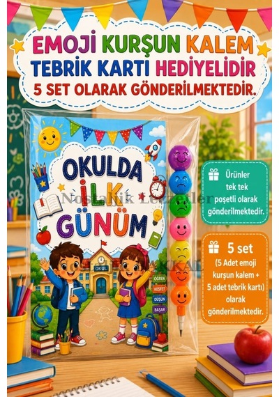 5 Adet Okulda İlk Günüm Yazılı Hediye Seti 1. Sınıf- Sene Başı Emoji Kurşun Kalem Tebrik Kartı Hediyeli