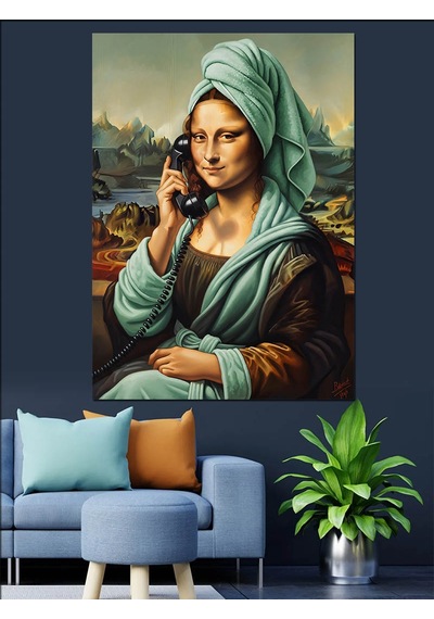 Ahşap Tablo Telefonla Konuşan Mona Lisa