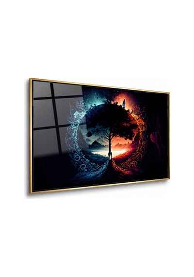Gece Gündüz Daire İçinde Ağaç Gold Çerçeveli Cam Tablo