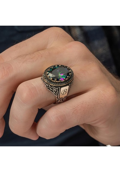 Oval Mistik Topaz Taşlı Harfli 925 Gümüş Erkek Yüzük