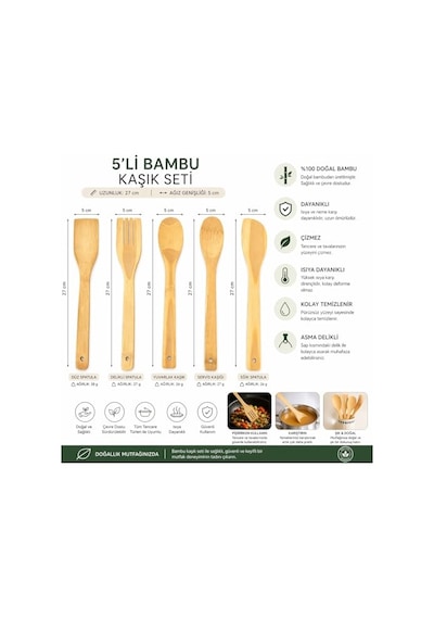 5 Parça Bambu Mutfak Kaşık Seti %100 Doğal, Çizilmeye Karşı Korumalı, Isıya Dayanıklı, Hafif, Ergonomik, T