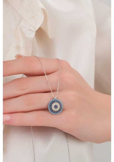 Tmt Silver 15 Mm Gümüş Turkuaz ve Zirkon Taşlı Nazar Boncuğu Boncuklu Kolye