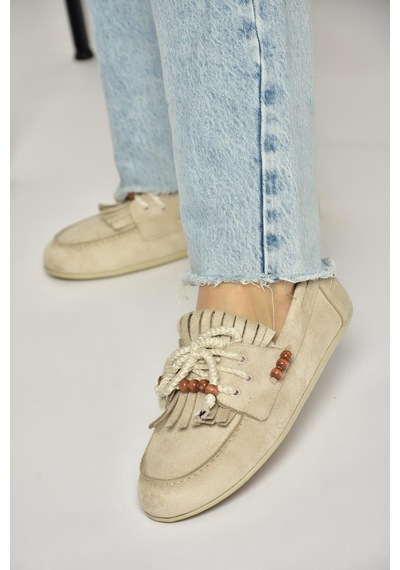 Fox Shoes Y602426202 Bej Süet Boncuk Detaylı Günlük Kadın Ayakkabı Bej