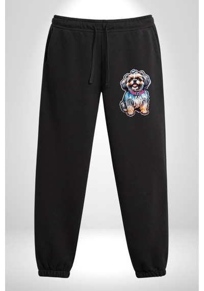 Angemiel Shih Tzu Renkli Köpek Pamuklu 3 İplik Siyah Eşofman Altı Erkek Oversize Kesim Dijital Baskılı Siyah
