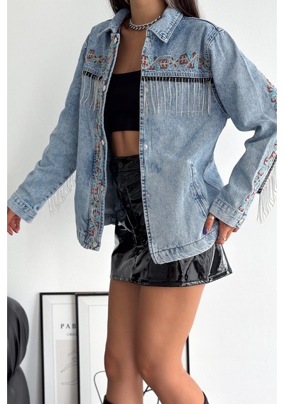 Femelle Kadın Çıtçıt Düğmeli Taş Püsküllü Komple Nakış İşlemeli Denim Ceket mavi