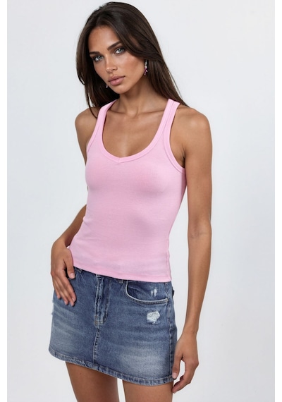 Hiccup Busem V Yaka Ribanalı Tank Top Toz Pembe