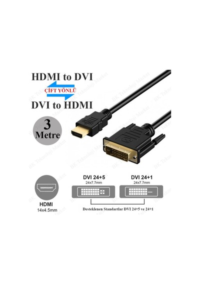 Dvi 24+1 To Hdmi Çift Yönlü Dvi To Hdmi Kablo - 3 Metre