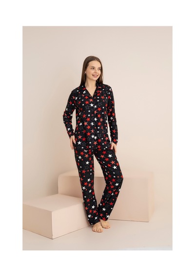 Rindahomewear Kadın Siyah Yıldız Desenli Yumuşak Dokulu Süet Düğmeli Pijama Takımı Siyah Yıldız