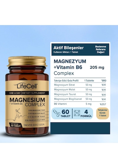 Lifecell Magnezyum Kompleks + Vitamin B6 Taurat - Bisglisinat - Malat - Sitrat İçeren Takviye Edici Gıda 60 Tablet﻿﻿