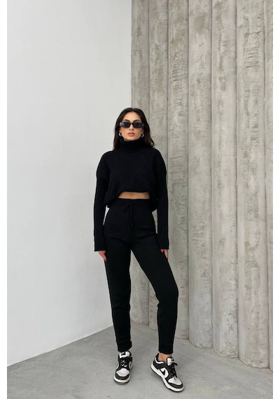 Neşeli Butik Kadın Siyah Fitilli Balıkçı Yaka Alt Üst Triko Takım Nbdm1215