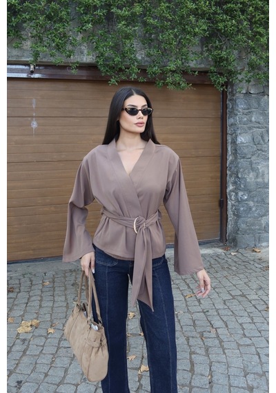 Kechi Woman Krep Kumaş Kruvaze Kemerli Kimono Bluz Vizon